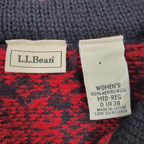 LL Bean Cardigan Womens Medium Merino Wool Red Black Snowflake Sweater Vintage - Picture 10 of 12